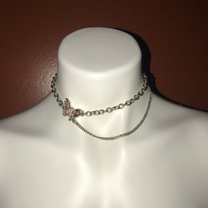 Silver Pink Crystal  Double Chain Butterfly Choker